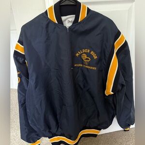 Navy Blue and Yellow Varsity Bomber Jacket with Ribbed Cuffs